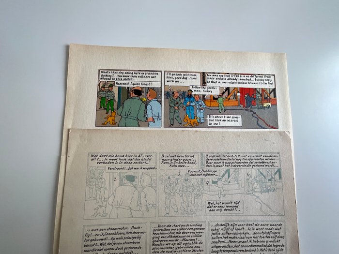 Hergé - 1 Print - Tintin - Objectif lune - bleu d imprimerie avec texte écrit  à l encre de Chine  - Verso cachet journal