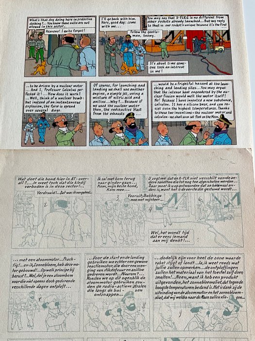 Hergé - 1 Print - Tintin - Objectif lune - bleu d imprimerie avec texte écrit  à l encre de Chine  - Verso cachet journal