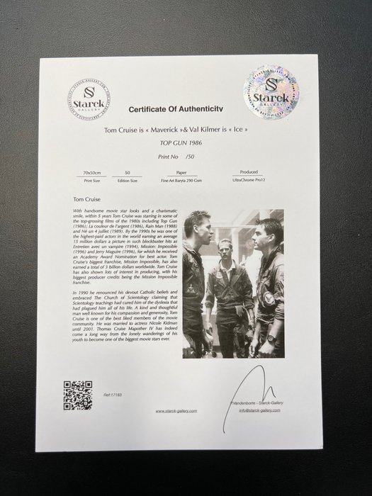 Top Gun (1986) - Tom Cruise is « Maverick » Val Kilmer is « Ice » - Fine Art Photography - Luxury Wooden Framed 70X50 cm - Limited Edition Nr 07 of 50 - Serial ID 17183 - Original Certificate (COA), Hologram Logo Editor and QR Code - 100% New items.