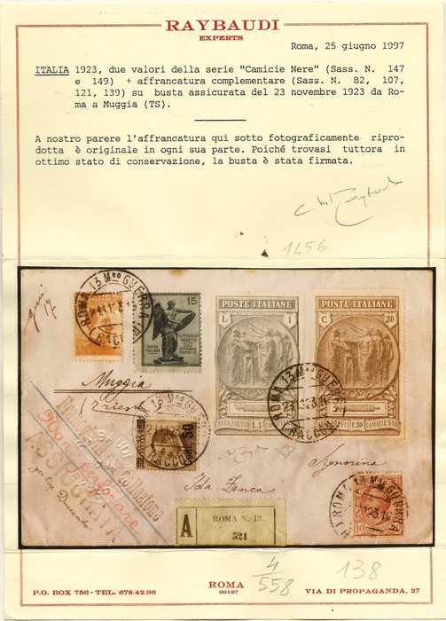 Italien  - 102 Posthistorie Kongeriget Italien 1923 undtagelsesvis forsikret af Pro Camicie Nere