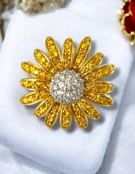 Broche - 18 kraat Gulguld, 18 k guld platin diamant  gul safir blomst broche Pin Diamant (Natur)