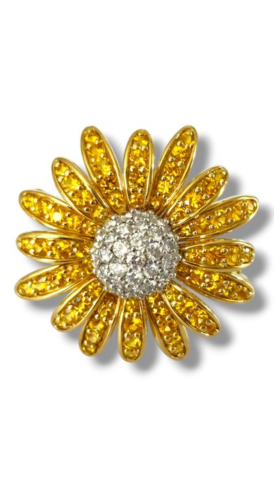 Broche - 18 kraat Gulguld, 18 k guld platin diamant  gul safir blomst broche Pin Diamant (Natur)