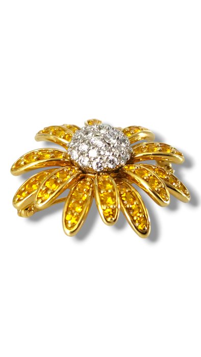 Broche - 18 kraat Gulguld, 18 k guld platin diamant  gul safir blomst broche Pin Diamant (Natur)