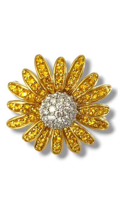 Broche - 18 kraat Gulguld, 18 k guld platin diamant  gul safir blomst broche Pin Diamant (Natur)