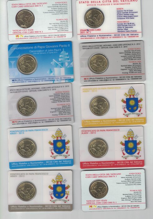 Vatikanstaten Coin Card 2010/2015 (10 coincards)  (Ingen mindstepris)