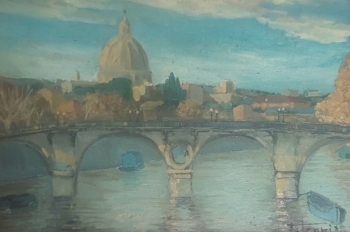 Italiensk skole (XX) - Roman Landscape, Ponte Sisto with view of St. Peter’s Basilica in backround