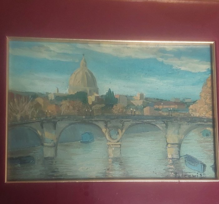 Italiensk skole (XX) - Roman Landscape, Ponte Sisto with view of St. Peter’s Basilica in backround