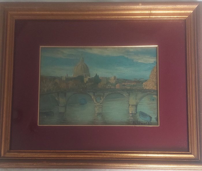 Italiensk skole (XX) - Roman Landscape, Ponte Sisto with view of St. Peter’s Basilica in backround