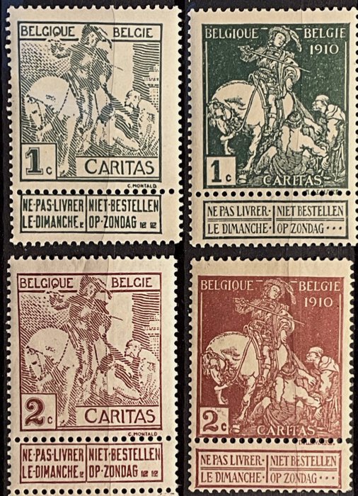 Belgien 1910/1911 - POST FRIS: 3 komplette Caritas-serier inklusive serier med overtryk '1911' og 'Charleroi 1911' - OBP/COB 84/91 + 92/99 + 100/07