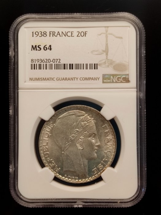 Frankrig. Third Republic (1870-1940). 20 Francs 1938 Turin. NGC MS 64  (Ingen mindstepris)