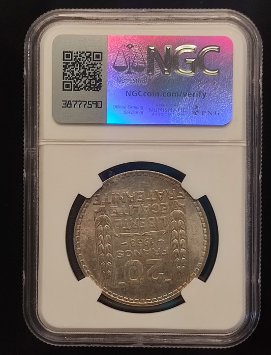 Frankrig. Third Republic (1870-1940). 20 Francs 1938 Turin. NGC MS 64  (Ingen mindstepris)