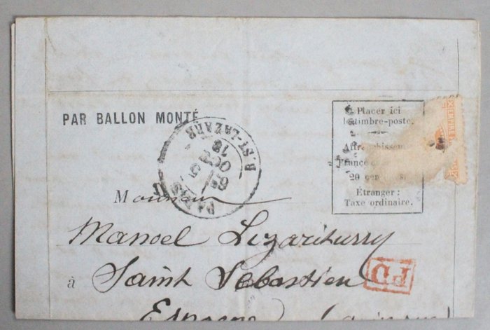 Frankrig  - 3 ballonbreve sendt til Manoel Lizariturry - 1870