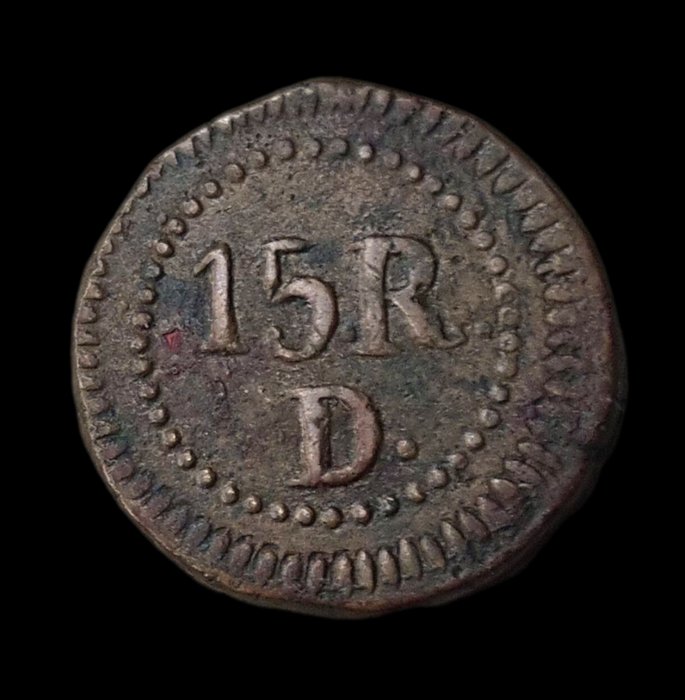 Portugisisk Indien. D. Pedro V (1853-1861). 15 Reis 1854 - D - Damão - Escassa