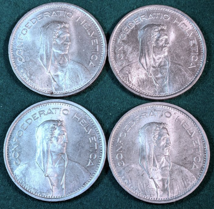 Schweiz. Lote de 4 monedas de 5 francos suizos  (Ingen mindstepris)