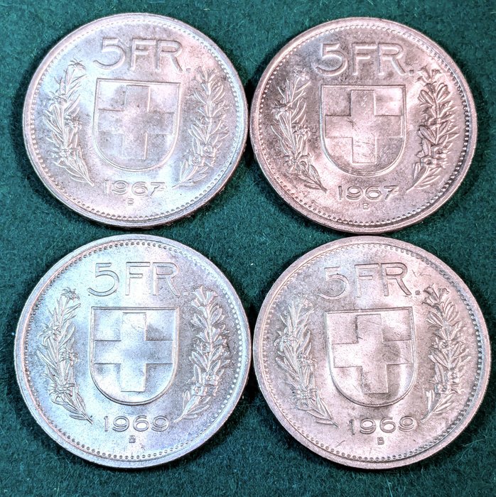 Schweiz. Lote de 4 monedas de 5 francos suizos  (Ingen mindstepris)