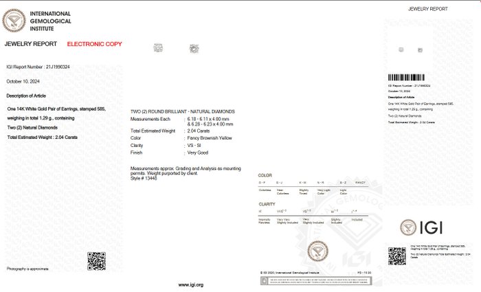 Øreringe - 14 karat Hvidguld -  2.04ct. tw. Gul Diamant (Naturfarvet) - IGI