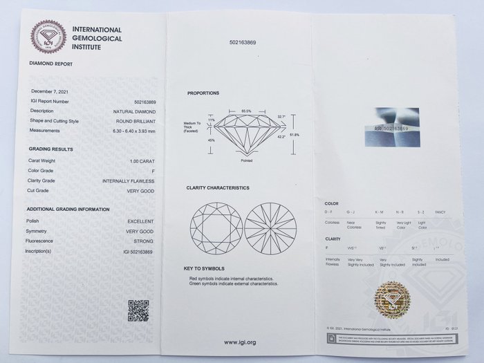 Ingen mindstepris - 1 pcs Diamant  (Natur)  - 1.00 ct - Rund - F - IF - International Gemological Institute (IGI) - *VG EX*