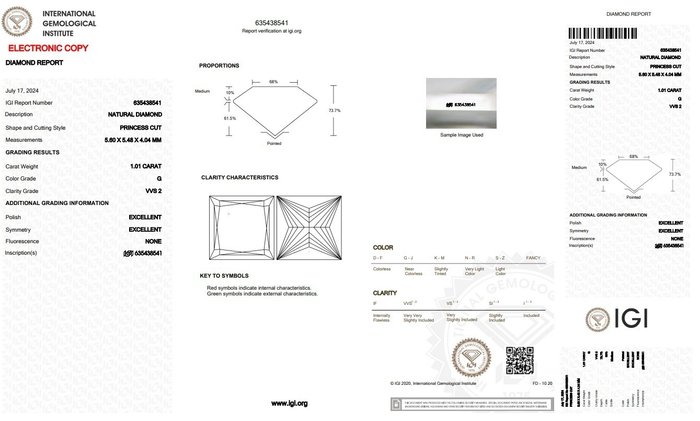 Ingen mindstepris - 1 pcs Diamant  (Natur)  - 1.01 ct - Kvadrat - G - VVS2 - International Gemological Institute (IGI) - Ideel skåret diamant