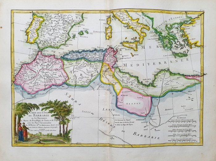 Afrika - Middelhavslande / Nordafrika / Marokko / Italien / Sicilien / Spanien / Sardinien / Grækenland; G. Rizzi Zannoni / Janvier / Lattre - Carte des Cotes de Barbarie, ou Royaumes de Maroc, de Fez, de Tunis, et de Tripoli - 1761-1780