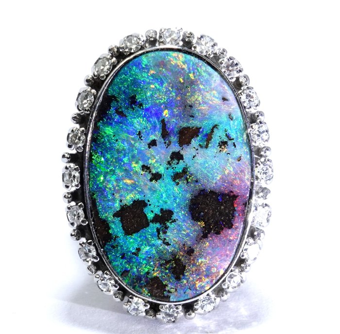 Ring - 18 kraat Hvidguld -  8.50ct. tw. Opal - Diamant - Gratis størrelsesændring EU 53-63