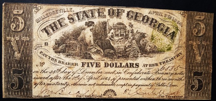 Förenta staterna - Obsolete Currency - 5 Dollars 1864 - The State of Georgia  (Ingen mindstepris)