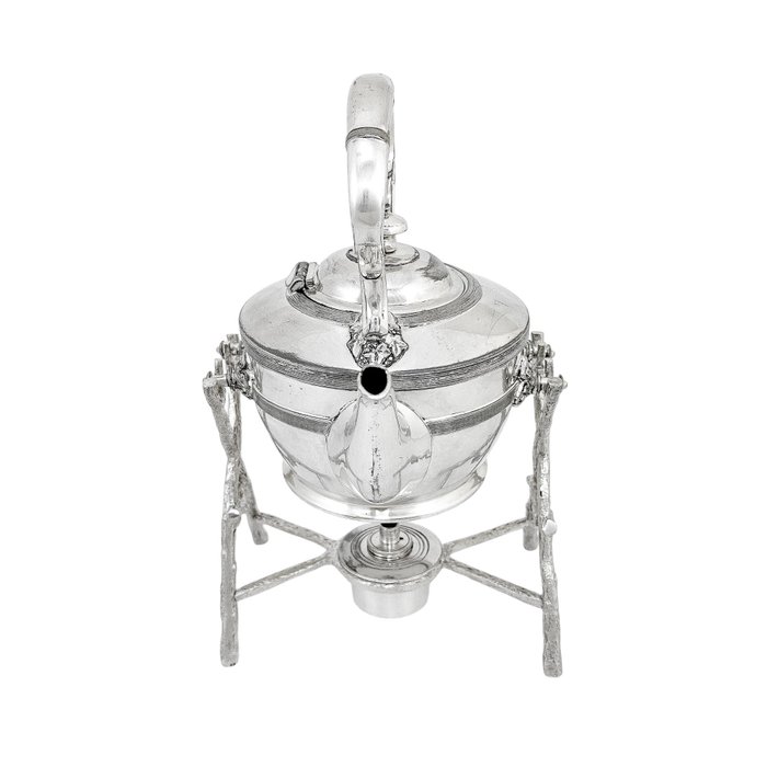 Aesthetic silver plated spirit kettle on branch stand with quatrefoil leaf decoration - James Dixon  Sons - Kedel på stativ og brænder (3) - Forsølvet