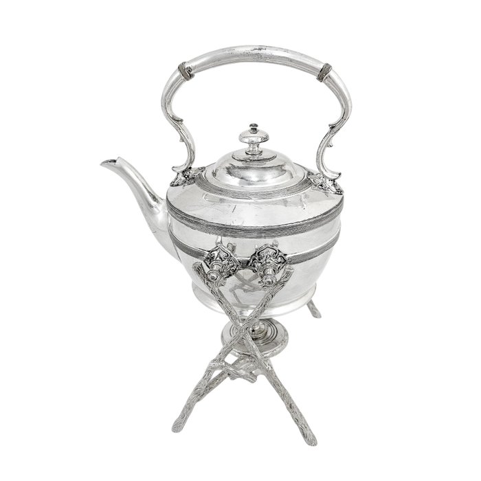 Aesthetic silver plated spirit kettle on branch stand with quatrefoil leaf decoration - James Dixon  Sons - Kedel på stativ og brænder (3) - Forsølvet