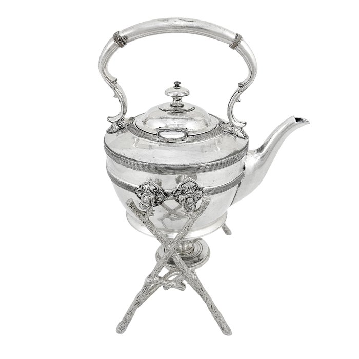 Aesthetic silver plated spirit kettle on branch stand with quatrefoil leaf decoration - James Dixon  Sons - Kedel på stativ og brænder (3) - Forsølvet