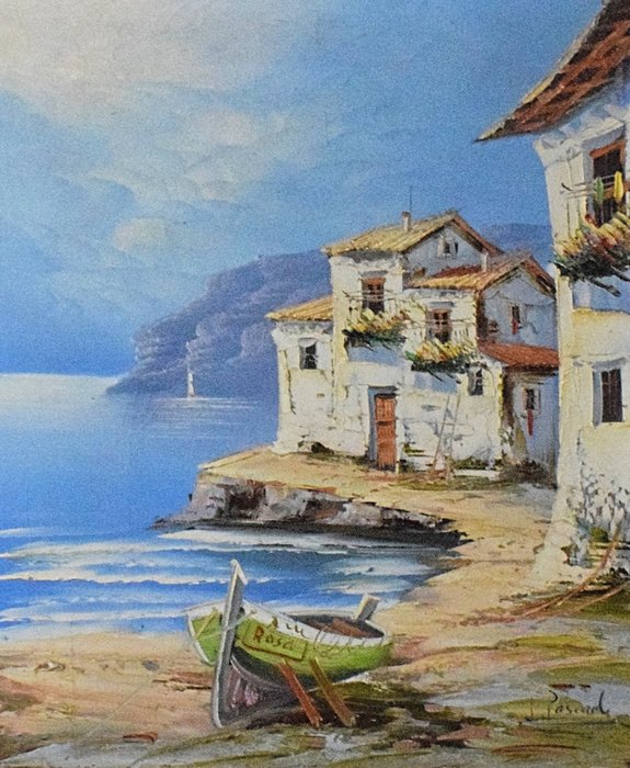 Spanish school (XX) signed J. Pascual - Coastal village scene