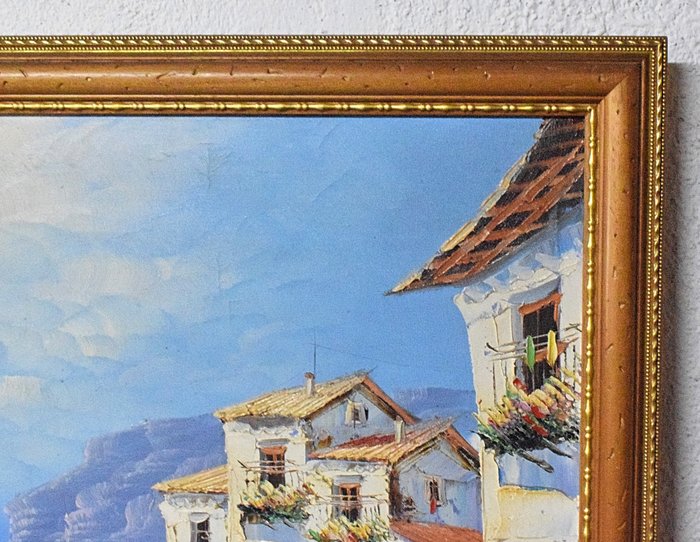 Spanish school (XX) signed J. Pascual - Coastal village scene