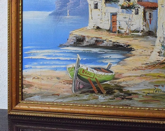 Spanish school (XX) signed J. Pascual - Coastal village scene