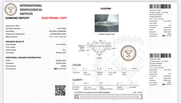 1 pcs Diamant  (Natur)  - 053 ct - Rund - I - VS2 - International Gemological Institute (IGI)