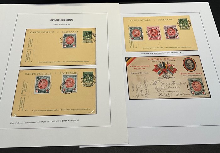 Belgien 1915/1915 - Udsted Albert I Røde Kors på postkort inklusive Le Havre Special + Postes Militaires Belgique - OBP 132/134