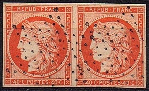 Frankrig  - 1. CERES udgave - 1850 - nr. 5Ae 0bl. 40 spsk. orange, par inklusive en retoucheret 4 holder normal