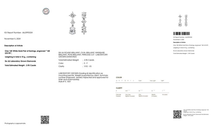 Ingen mindstepris - Øreringe - 14 karat Hvidguld, 3,95 Ct Diamant (Laboratoriedyrket) - IGI E-F VVS-VS