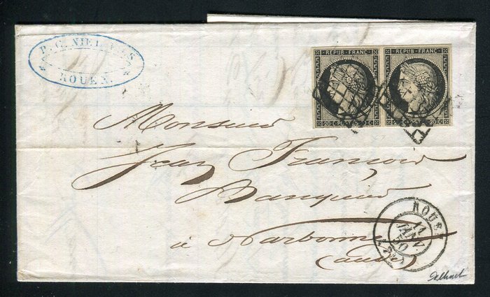 Frankrig 1850 - Superbe  Rare letter en double port de Rouen pour Narbonne avec une paire de n° 3