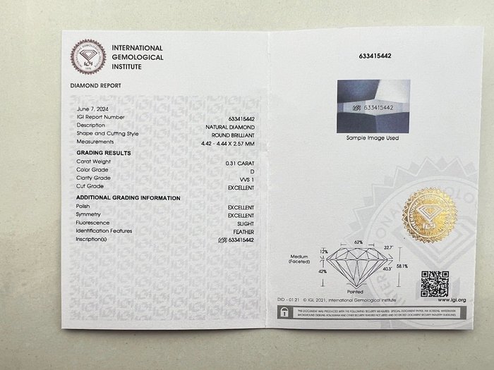 1 pcs Diamant  (Natur)  - 0.31 ct - Rund - D (farveløs) - VVS1 - International Gemological Institute (IGI)