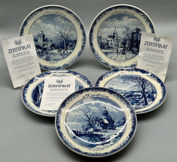 5 Limitierte Sammlerteller: Delfter Weihnachtsserie 1987–1992 – Blaue Fayencekunst mit Zertifikaten - Vægtallerken - Porcelæn