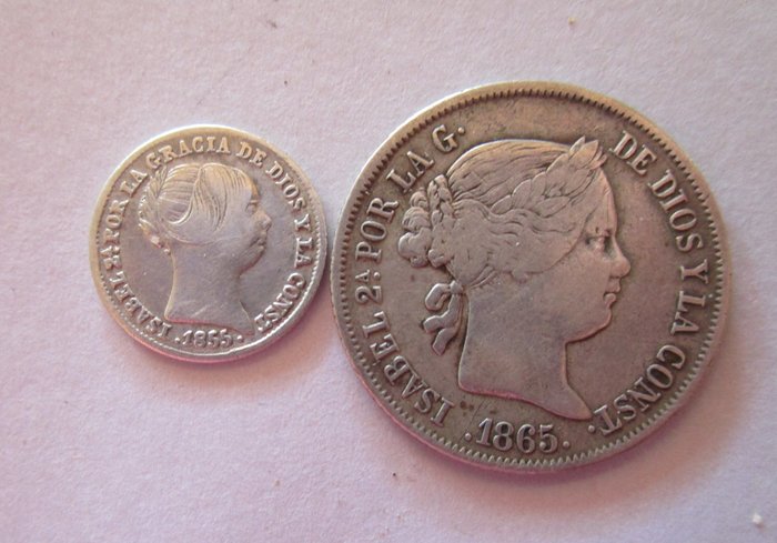 Spanien. Isabel II (1833-1868). 1 Real y 40 céntimos de Escudo Sevilla 1855 y Madrid 1865 (2 monedas)  (Ingen mindstepris)