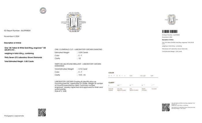 Ingen mindstepris - Ring - 14 karat Gulguld, Hvidguld -  5.85ct. tw. Diamant (Laboratoriedyrket) - Diamant - IGI