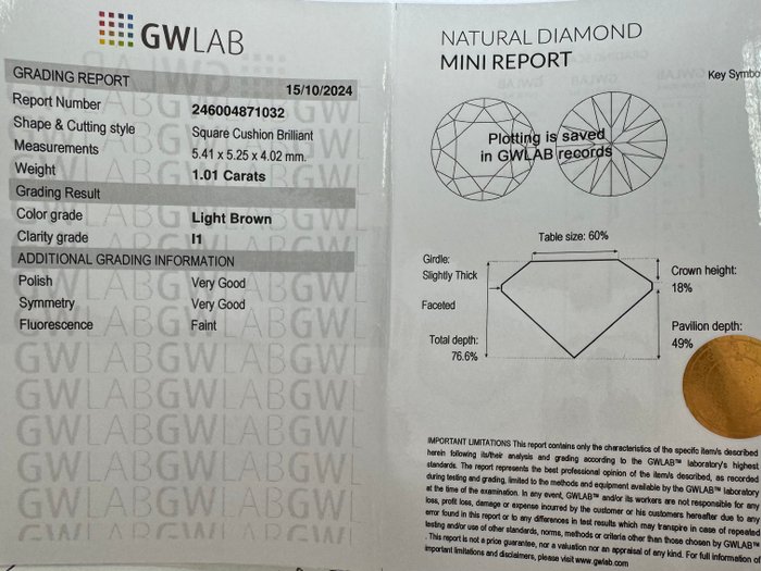 Ingen mindstepris - 1 pcs Diamant  (Naturfarvet)  - 1.01 ct - Pude - Light Brun - I1 - Gemewizard Gemological Laboratory (GWLab)