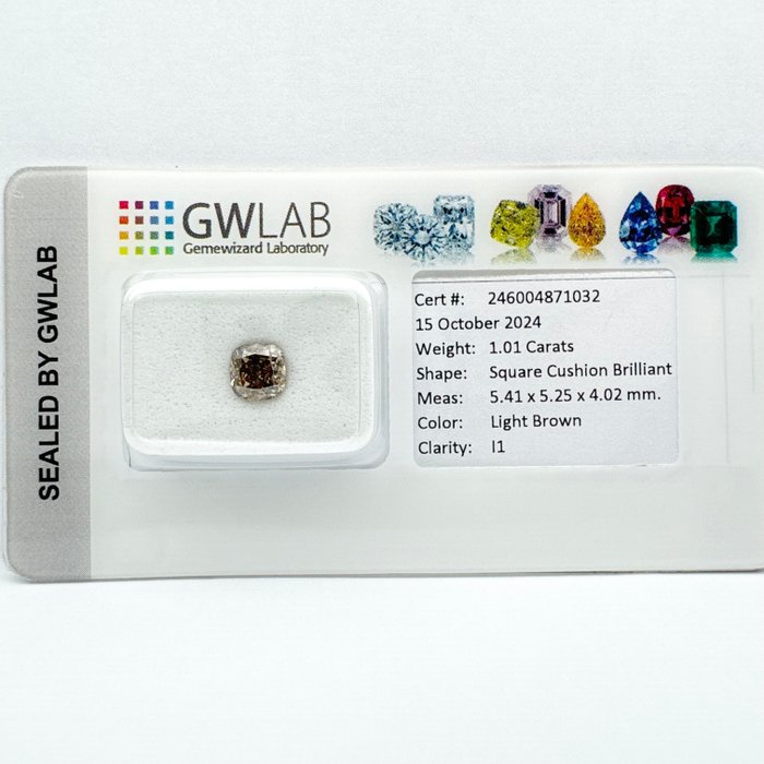 Ingen mindstepris - 1 pcs Diamant  (Naturfarvet)  - 1.01 ct - Pude - Light Brun - I1 - Gemewizard Gemological Laboratory (GWLab)