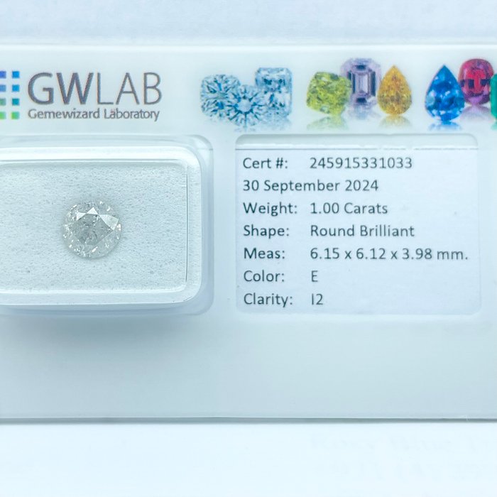 Ingen mindstepris - 1 pcs Diamant  (Natur)  - 1.00 ct - Rund - E - I2 - Gemewizard Gemological Laboratory (GWLab)