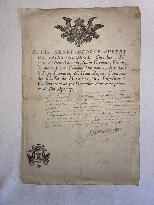 Louis-Georges-Henri Aubert du Petit-Thouars - LAS - certificat de réception d'un capitaine. - 1786