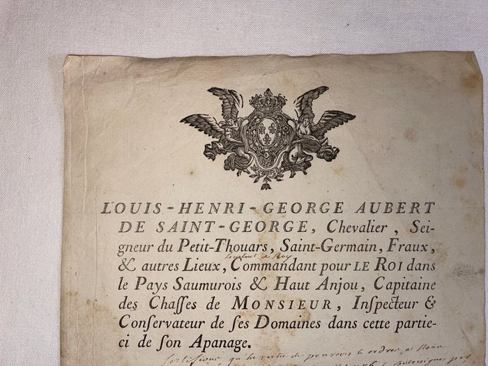 Louis-Georges-Henri Aubert du Petit-Thouars - LAS - certificat de réception d'un capitaine. - 1786