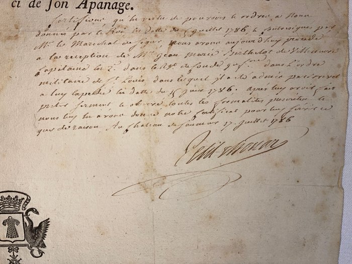 Louis-Georges-Henri Aubert du Petit-Thouars - LAS - certificat de réception d'un capitaine. - 1786