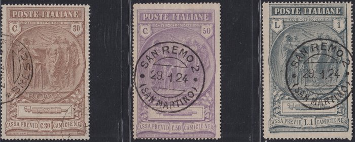 Italien Kongerige 1923 - Camice Nere, komplet sæt med tre udstedte værdier, brugt med originale annulleringer - Sassone n. 147/149