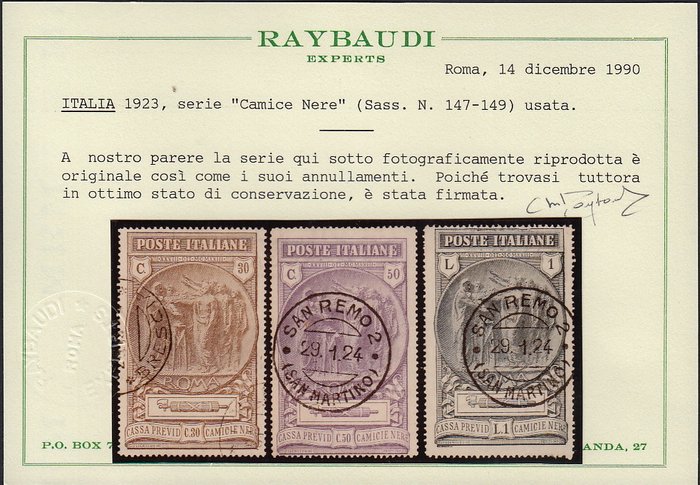 Italien Kongerige 1923 - Camice Nere, komplet sæt med tre udstedte værdier, brugt med originale annulleringer - Sassone n. 147/149