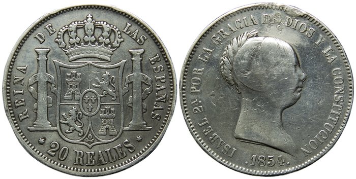 Spanien. Isabel II (1833-1868). 20 Reales Acuñados en Madrid en el año 1854