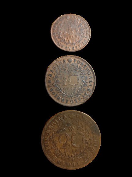 Azores, Portugal. D. Maria II (1834-1853). 5 + 10 + 20 Reis 1843 (3 moedas)  (Ingen mindstepris)